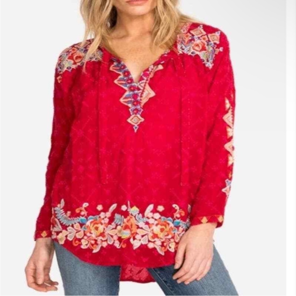 Johnny Was Embroidered Gina Long Sleeve Blouse Tunic Salmon M